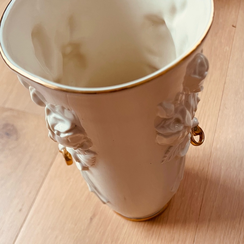 Vintage Lenox 24K Gold Wedding Rings and Rose Bouquet with Ribbon Flower Vase